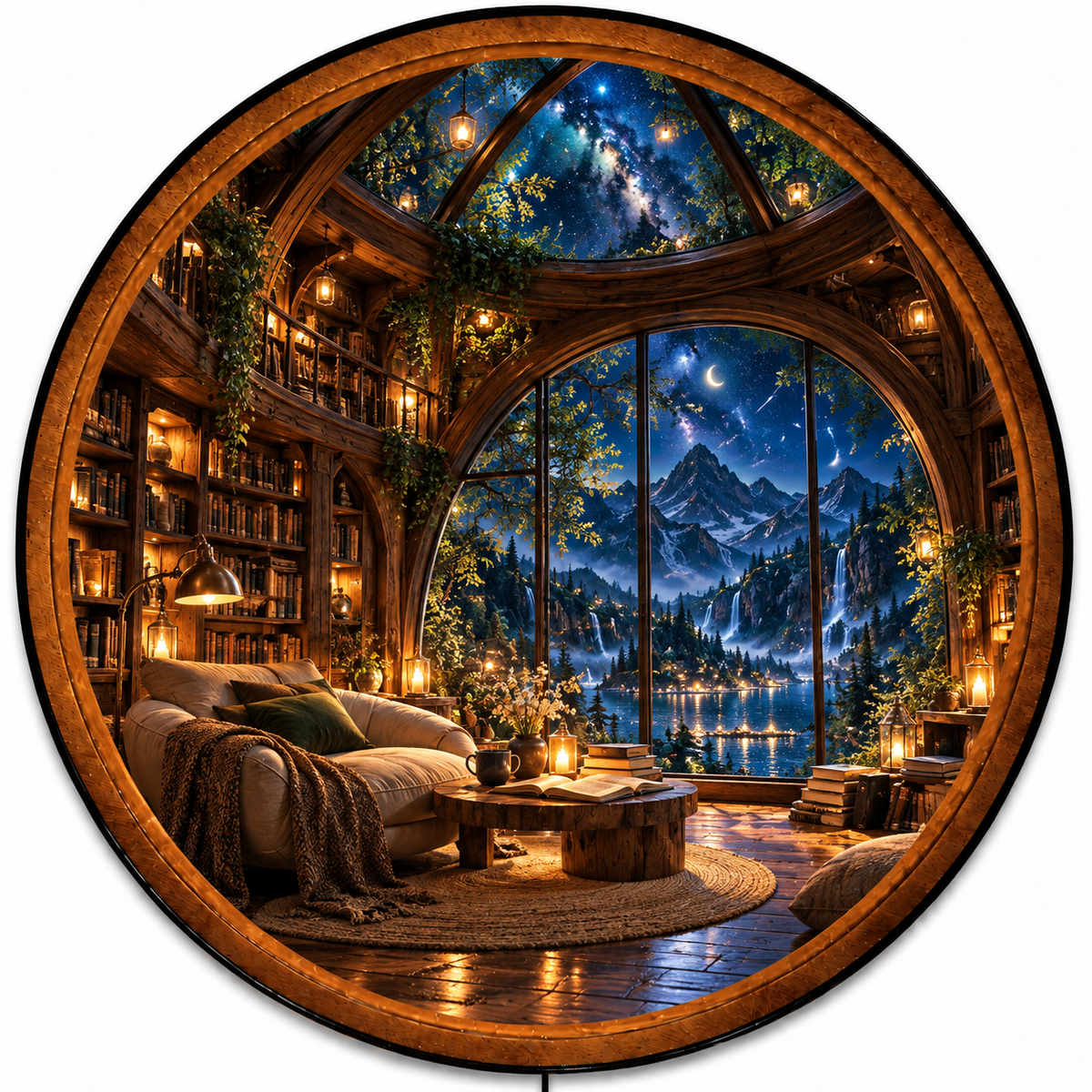 Handcrafted Enchanted Library Mountain Retreat LED Wall Art