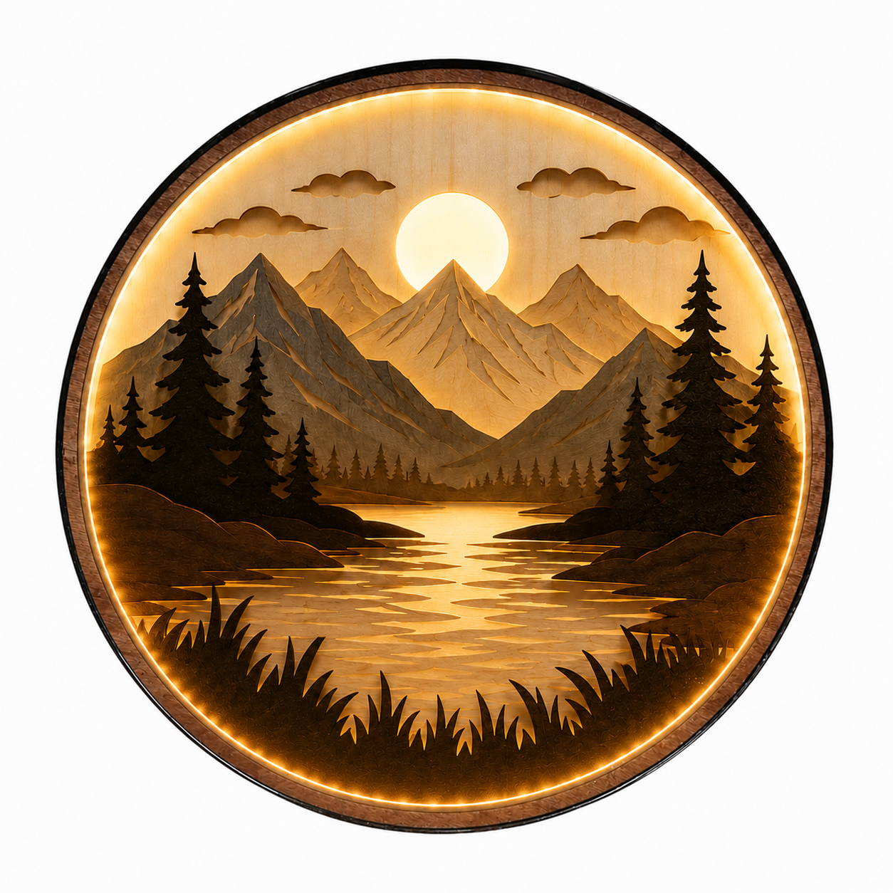Handcrafted Wood Art Light - 3D Layered Mountain & Lake Design - Warm LED Backlight