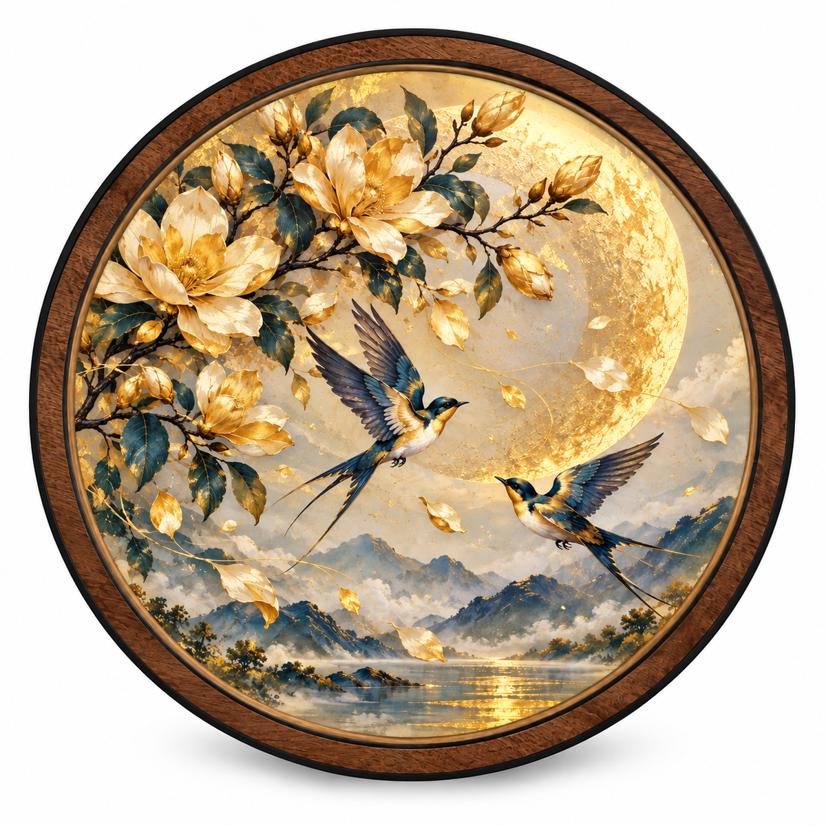 Golden Magnolia Moon LED Wall Art – Birds & Floral Nature Decor
