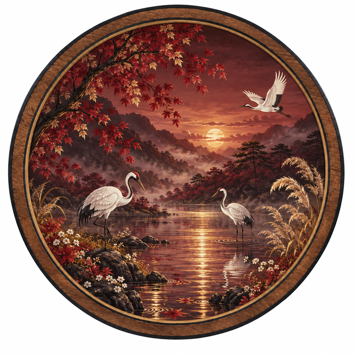 Crimson Crane Valley – Autumn Sunset LED Wall Art