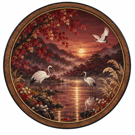 Crimson Crane Valley – Autumn Sunset LED Wall Art