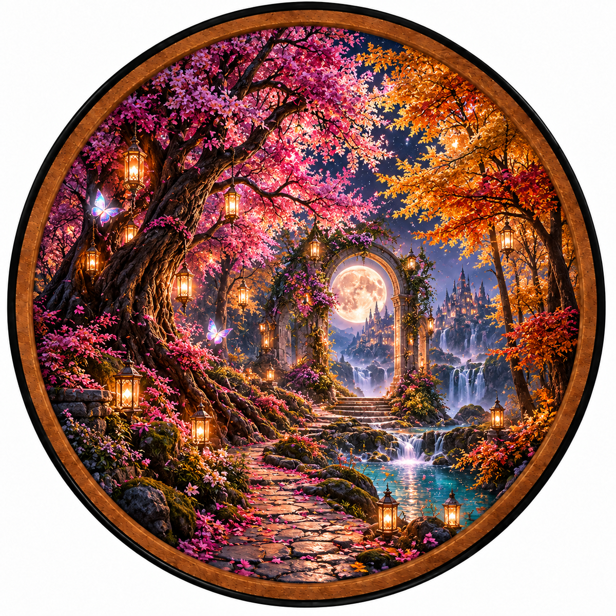 Enchanted Moonlit Garden – Handcrafted Round LED Wall Art
