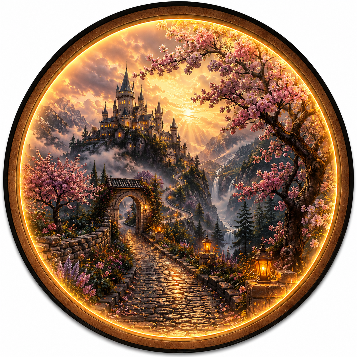 Castle Beyond the Blossoms LED Wall Art – Fantasy Castle Wall Decor