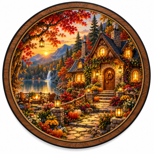 Autumn Lakeside Cottage – Cozy Fall LED Wall Art