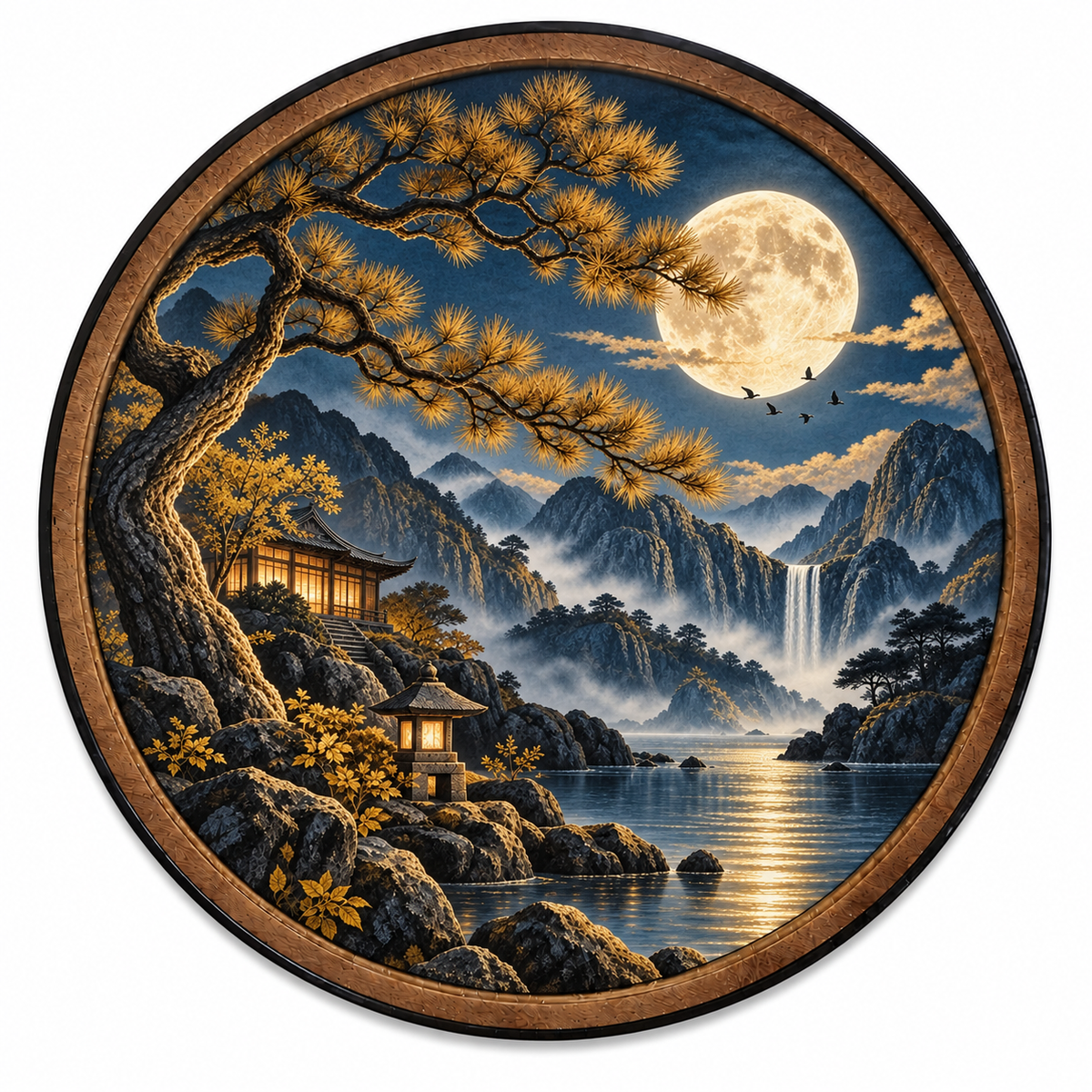 Golden Pine Sanctuary LED Wall Art – Moonlit Mountain Landscape