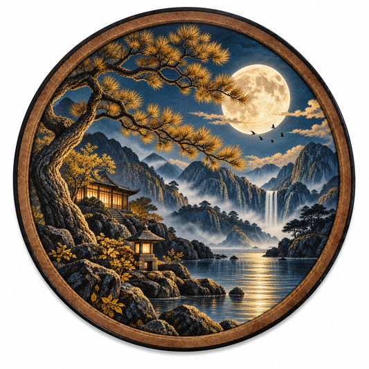 Golden Pine Sanctuary LED Wall Art – Moonlit Mountain Landscape