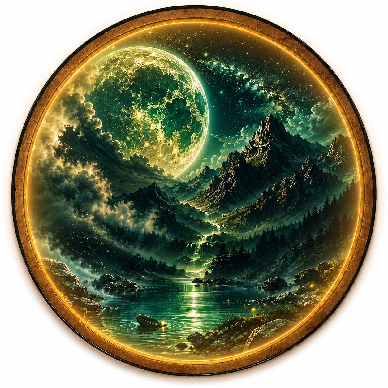 Emerald Moonfall LED Wall Art – Celestial Mountain & Moon Decor