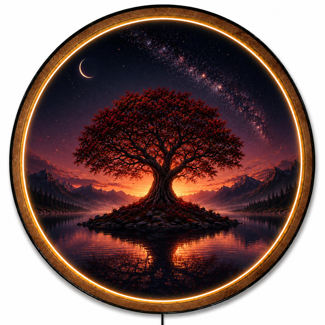 Crimson Celestial Tree LED Wall Art – Mystical Nightscape