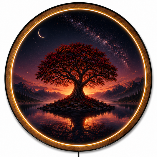 Crimson Celestial Tree LED Wall Art – Mystical Nightscape