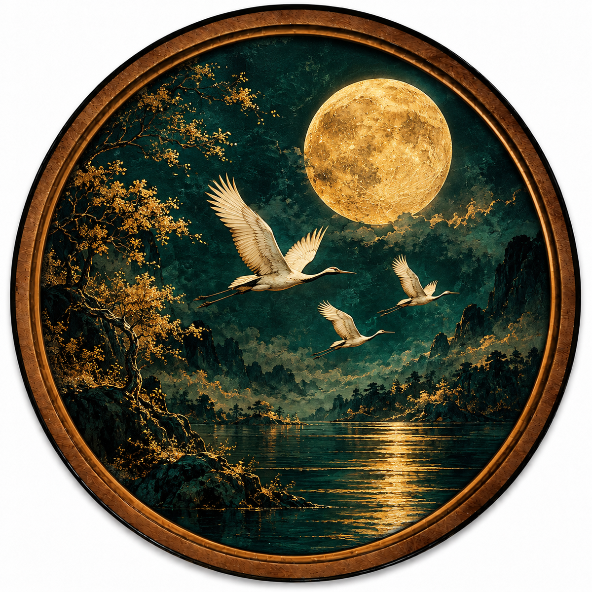 Handcrafted Moonlit Cranes LED Wall Art – Golden Full Moon & Flying White Cranes
