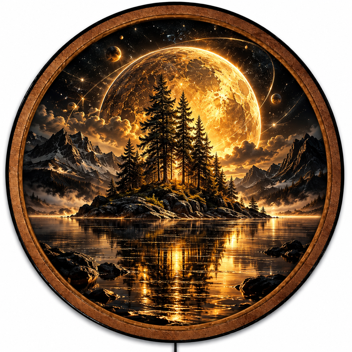 Handcrafted Golden Moon LED Wall Art – Celestial Forest Island & Cosmic Mountain