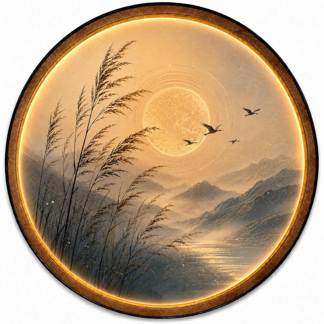Golden Mist Serenity LED Wall Art – Japanese Zen Landscape Illuminated Round Wall Decor
