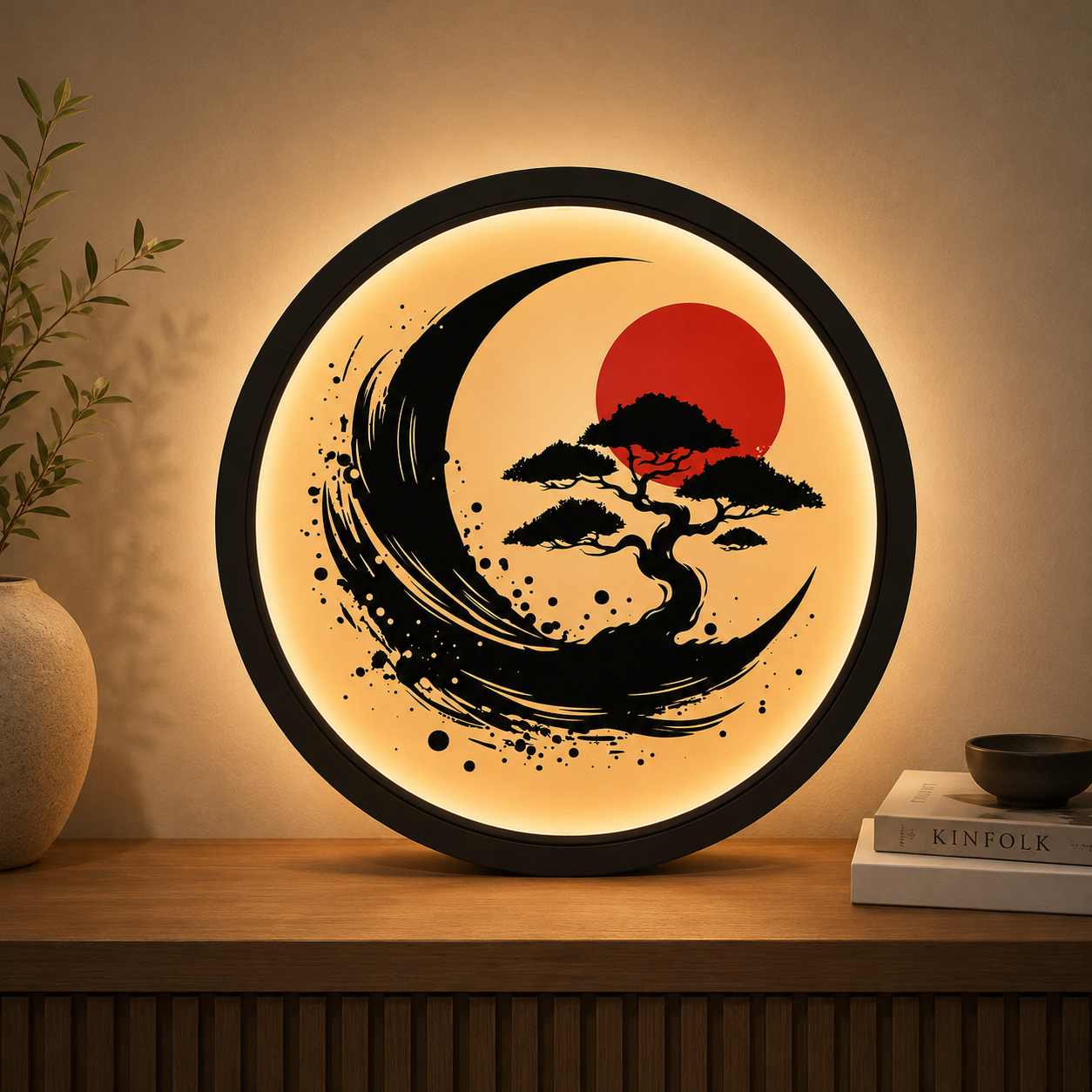 Wood Carved Japanese Bonsai Moon LED Wall Lamp | Zen Sumi-e Style Night Light