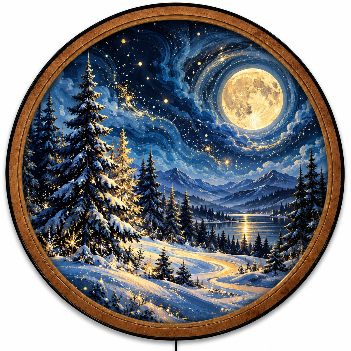 Handcrafted Winter Moon LED Wall Art – Magical Snowy Forest & Golden Full Moon, Enchanted Winter Landscape Decor