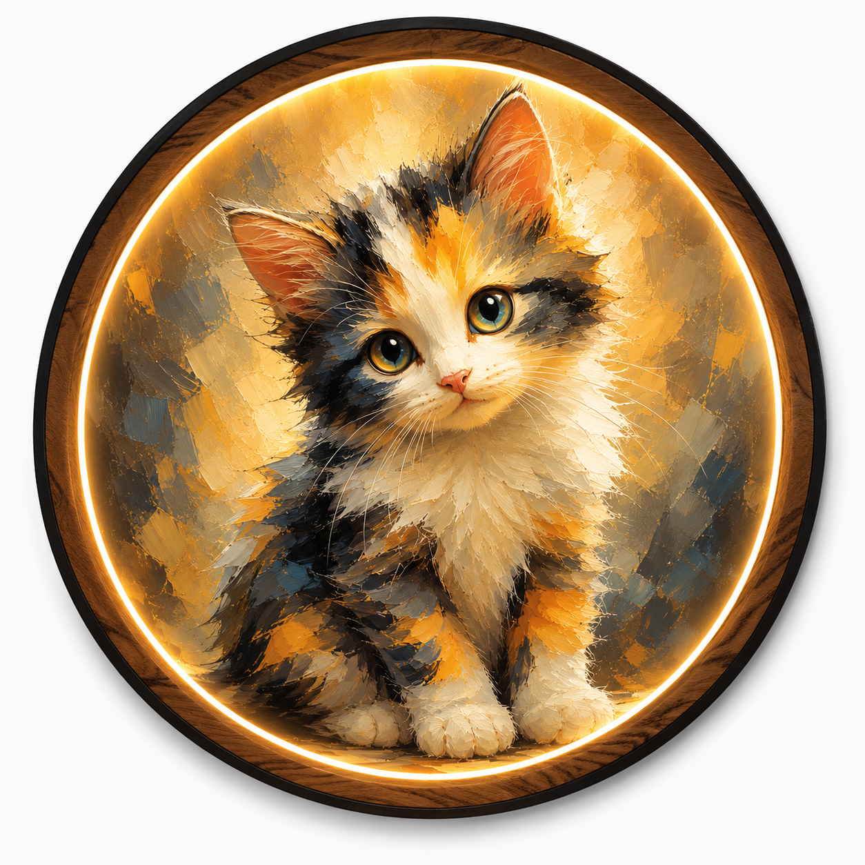 Cute Calico Kitten LED Wall Art Light – Round Acrylic Decor with Wooden Frame