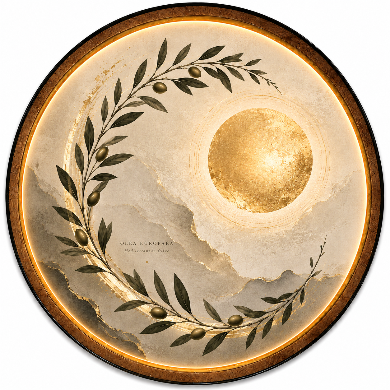 Golden Olive Moon LED Wall Art – Mediterranean Botanical Decor