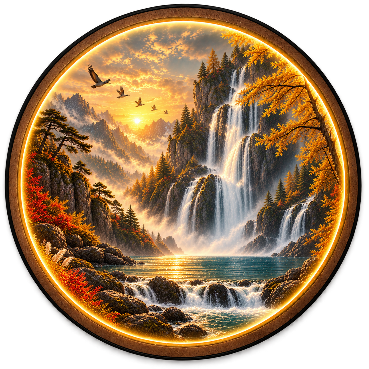 Golden Cascade Valley LED Wall Art – Mountain Waterfall Decor