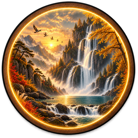 Golden Cascade Valley LED Wall Art – Mountain Waterfall Decor