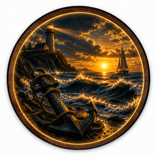 Beacon of Hope Round LED Wall Art | Lighthouse Sunset Acrylic Wall Decor with Wooden Frame