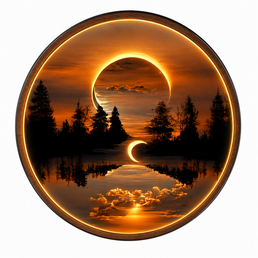 Wood Carved Solar Eclipse Forest Lake LED Wall Lamp | Crescent Moon Night Light Wall Art