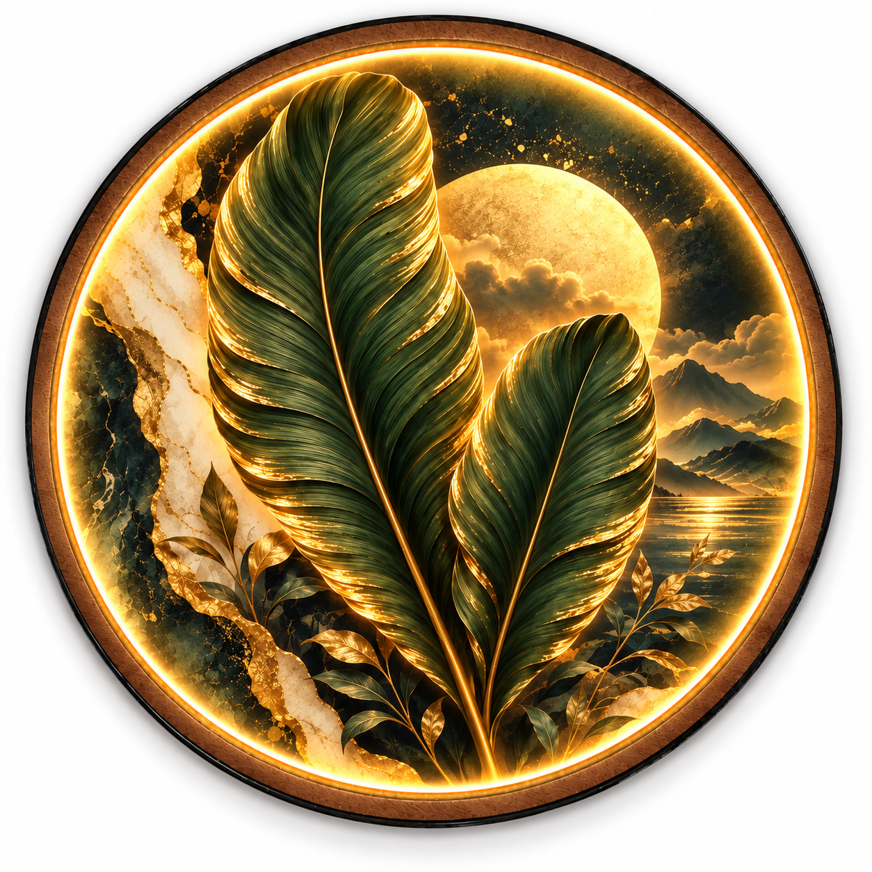 Golden Botanical Moon LED Wall Art – Luxury Leaf Wall Decor