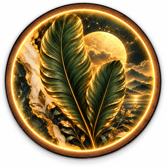 Golden Botanical Moon LED Wall Art – Luxury Leaf Wall Decor