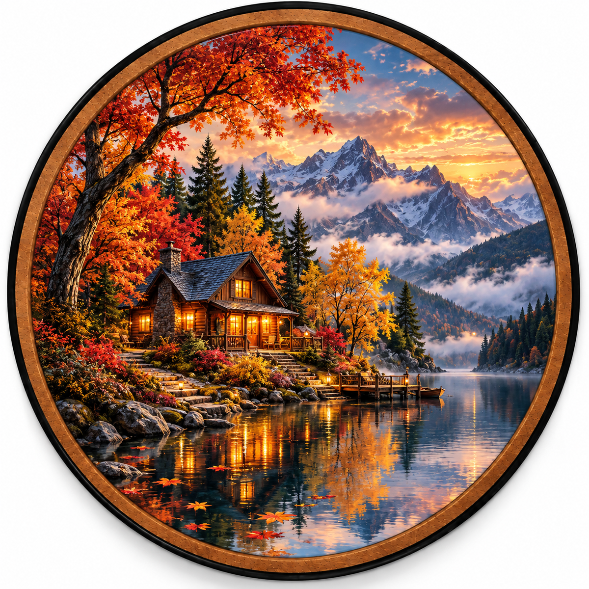Autumn Lakeside Retreat – Handcrafted LED Wall Art | Cozy Mountain Cabin & Fall Landscape Decor