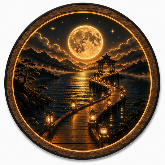 Moonlit Pavilion LED Wall Art – Illuminated Asian Landscape Decor
