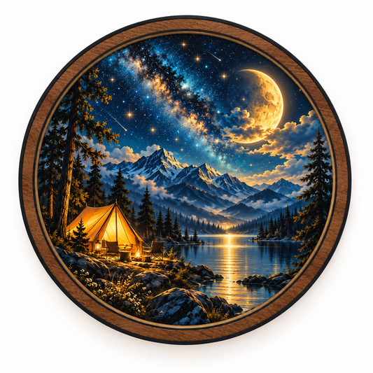 Moonlit Wilderness Escape – Mountain Camping LED Wall Art