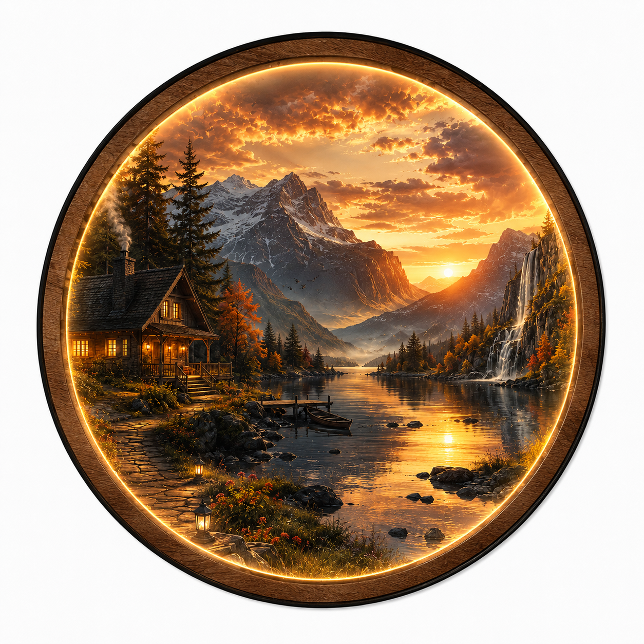 Mountain Cabin LED Wall Art – Sunset Lake Landscape Wall Decor