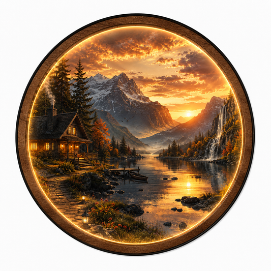 Mountain Cabin LED Wall Art – Sunset Lake Landscape Wall Decor