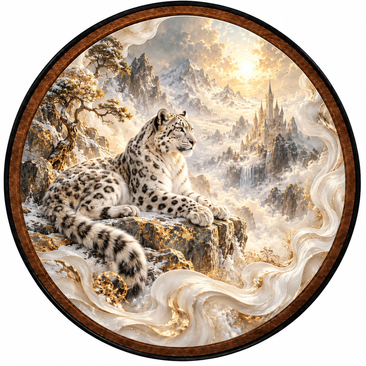Snow Leopard Kingdom – Handcrafted LED Wall Art | White Snow Leopard & Fantasy Castle Decor