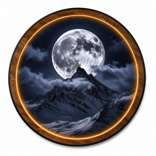 Moon & Snow Mountain Night Sky Print -Circular LED Wall Decor Light - Remote Control