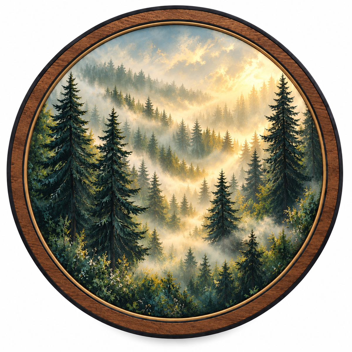 Misty Pine Sunrise LED Wall Art – Golden Forest Light