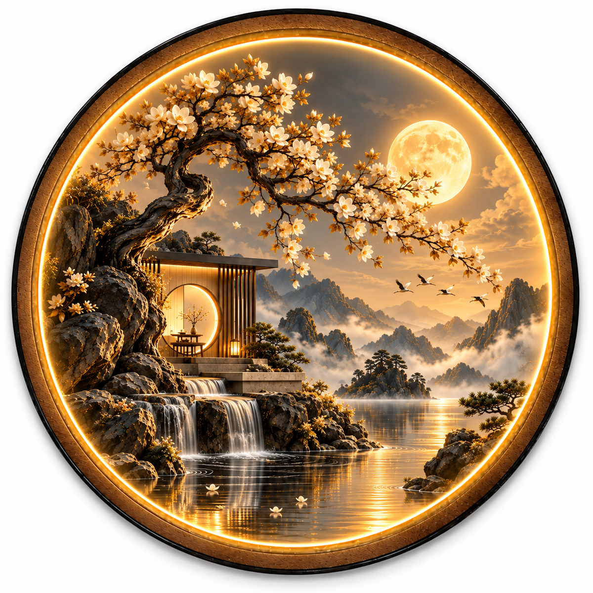 Moonlit Blossom Retreat LED Wall Art – Zen Landscape Decor