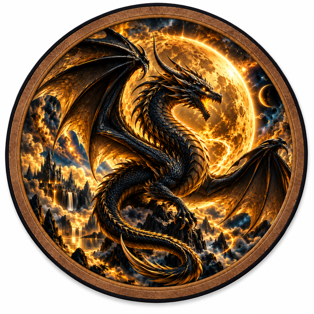 Black Dragon Eclipse – Golden Moon Fantasy LED Wall Art