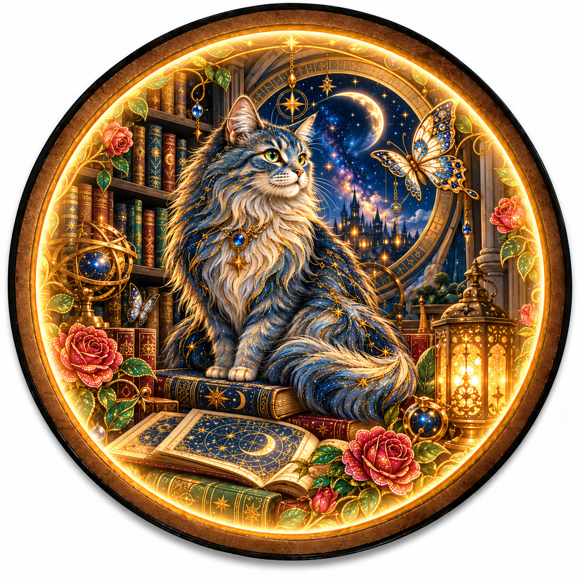 Celestial Cat LED Wall Art – Moonlit Library Fantasy Decor