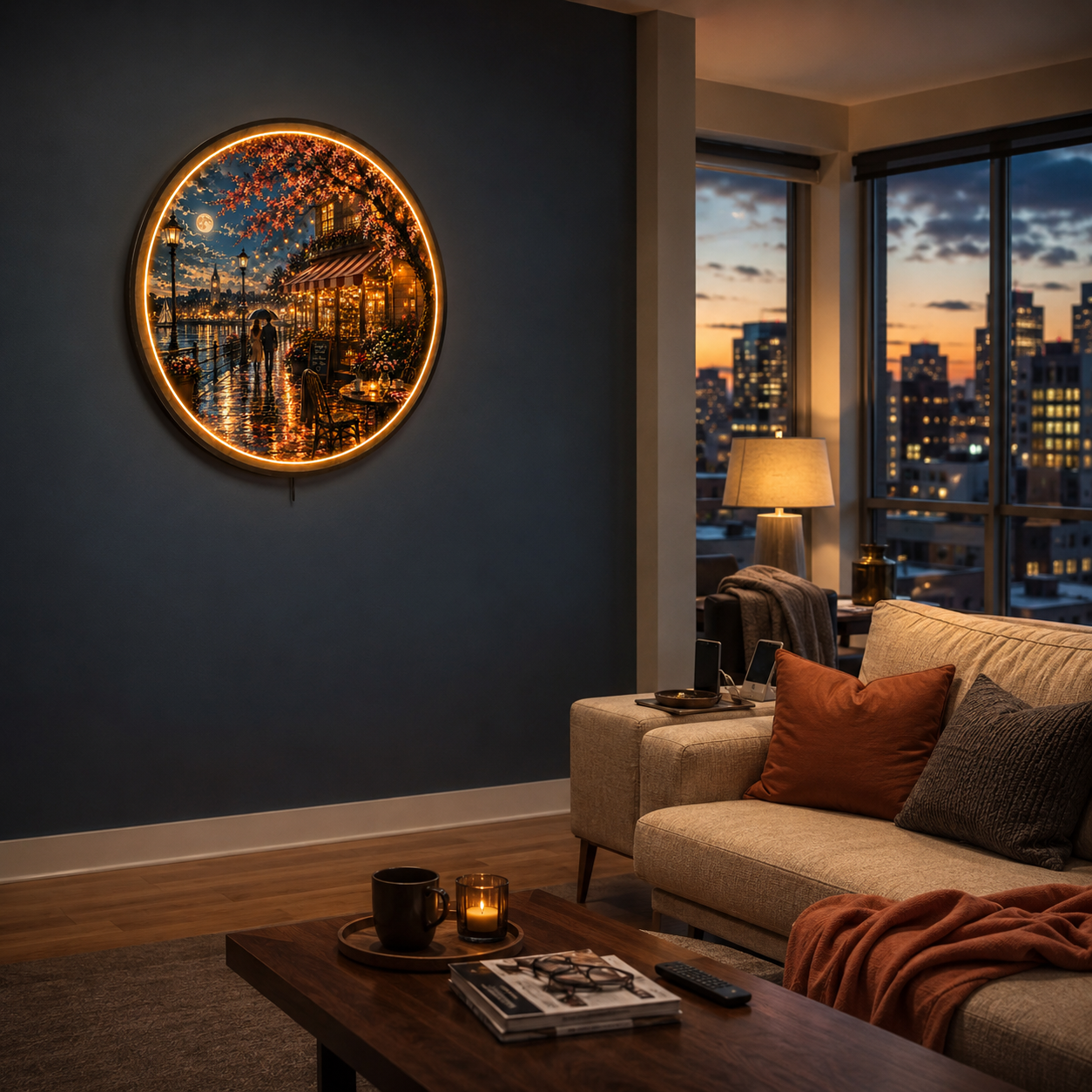 Moonlit Café LED Wall Art – Romantic Waterfront Night Decor