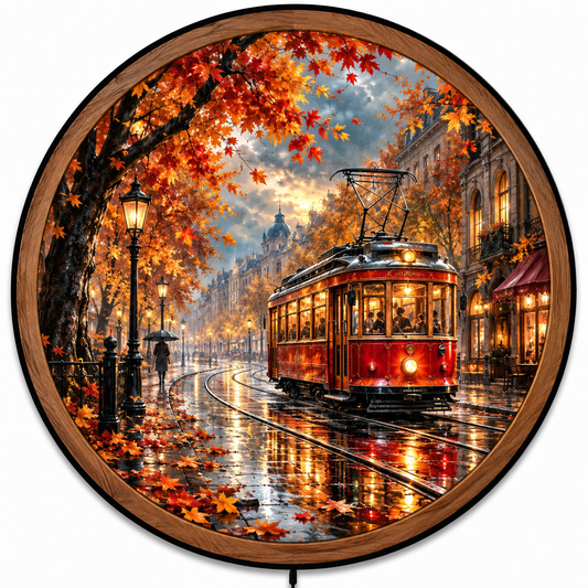 Autumn Tram Glow LED Wall Art – Rainy City Street Decor