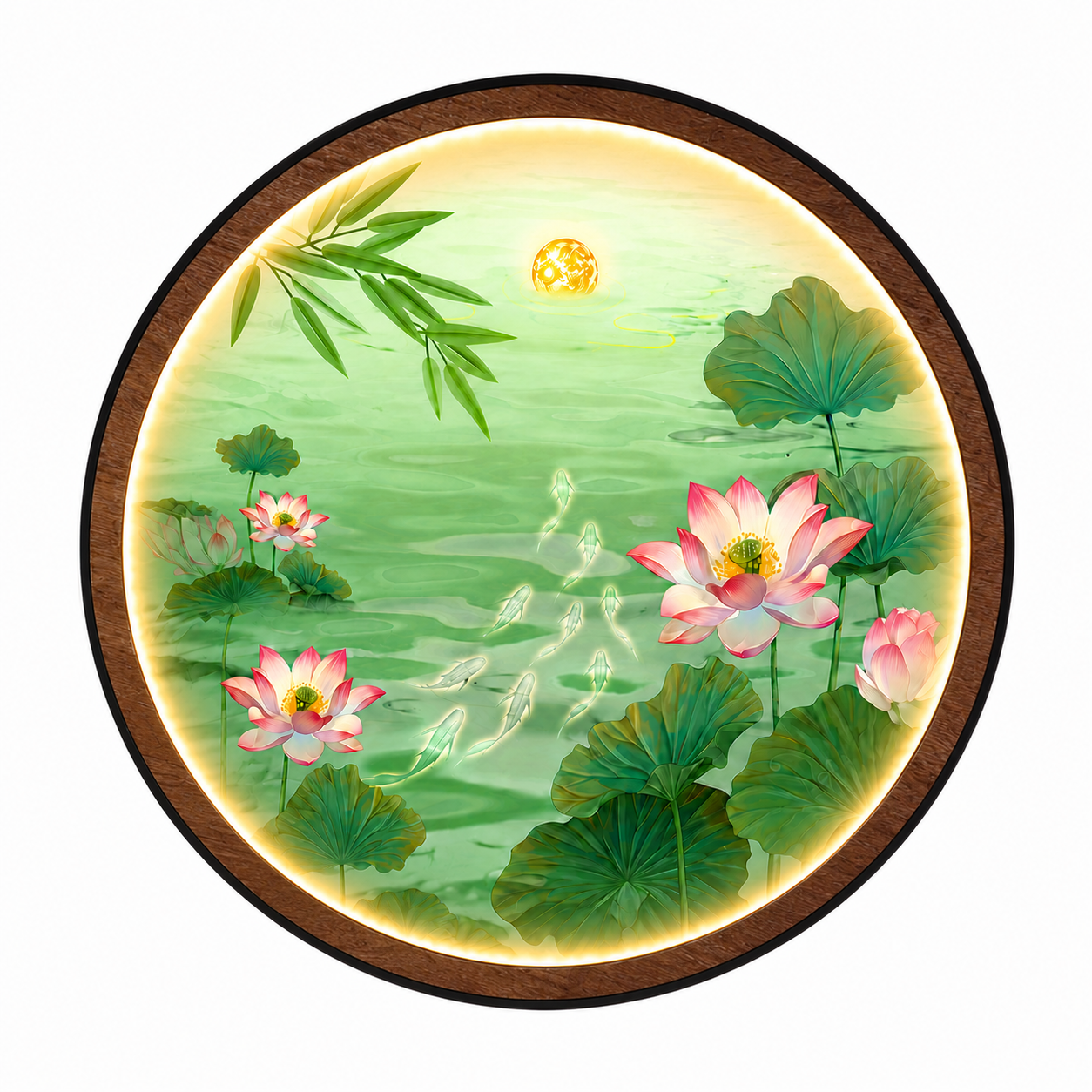Pink Lotus Pond LED Wall Art - Koi Fish & Moon Round Wall Decor with Backlight