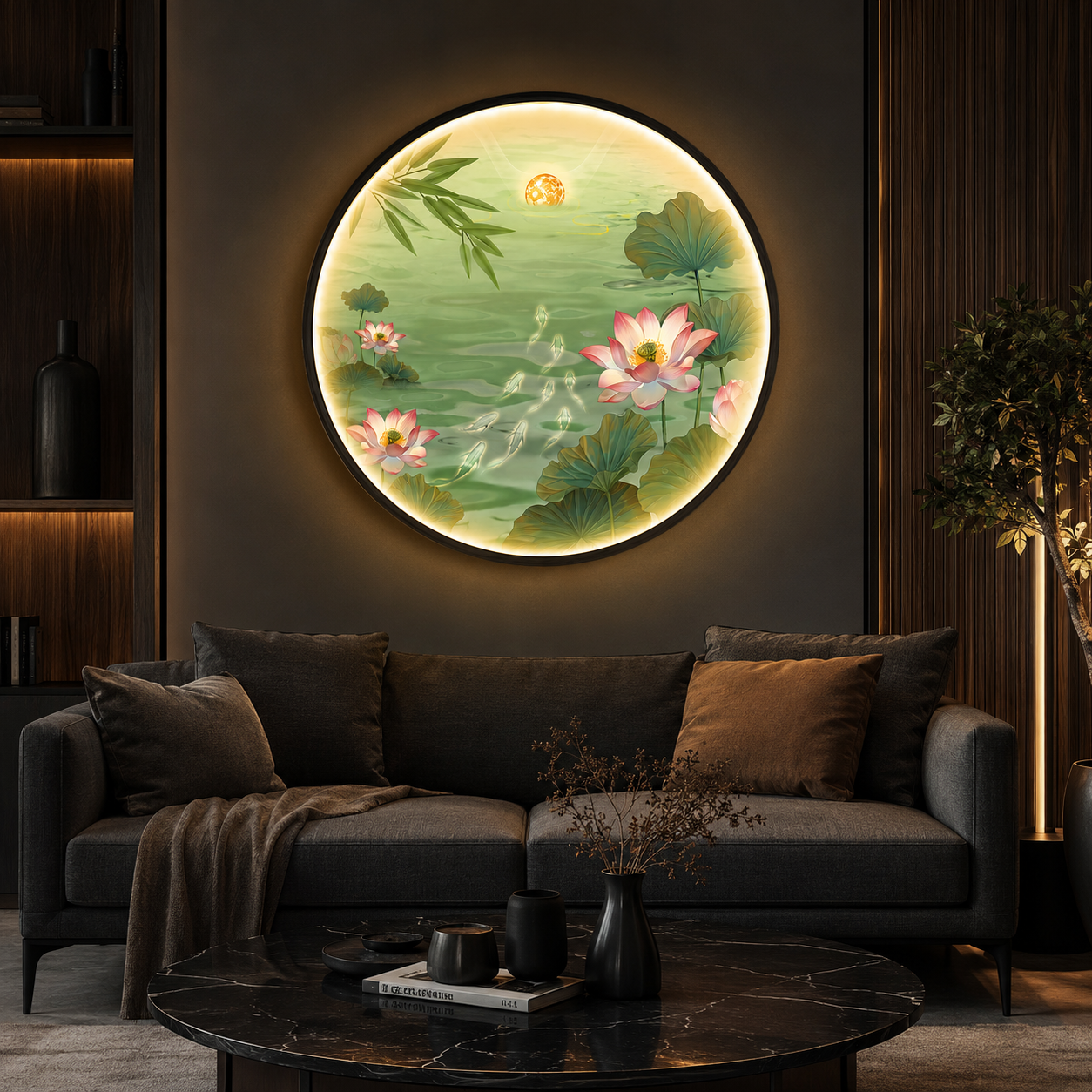 Pink Lotus Pond LED Wall Art - Koi Fish & Moon Round Wall Decor with Backlight