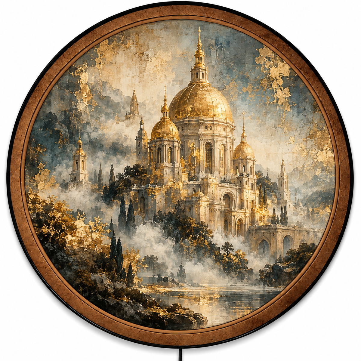 Golden Palace of Serenity – Handcrafted Round LED Wall Art