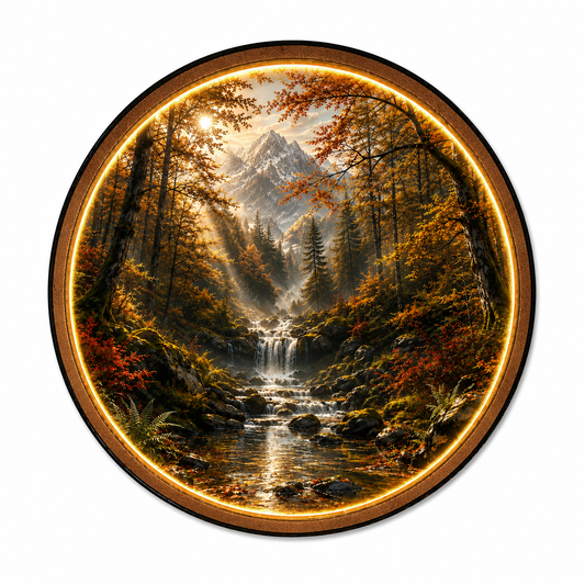 Autumn Cascade LED Wall Art – Illuminated Mountain Forest Waterfall Decor