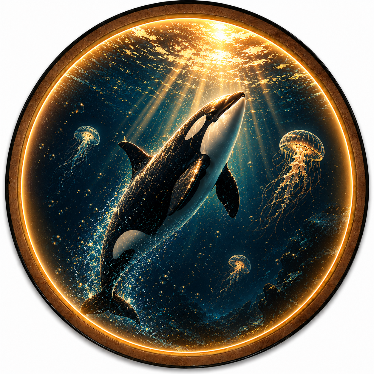Golden Depths Orca LED Wall Art – Ocean Whale & Jellyfish Decor