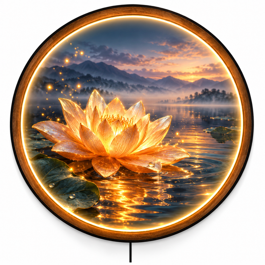 Golden Lotus LED Wall Art – Serene Lake & Meditation Decor