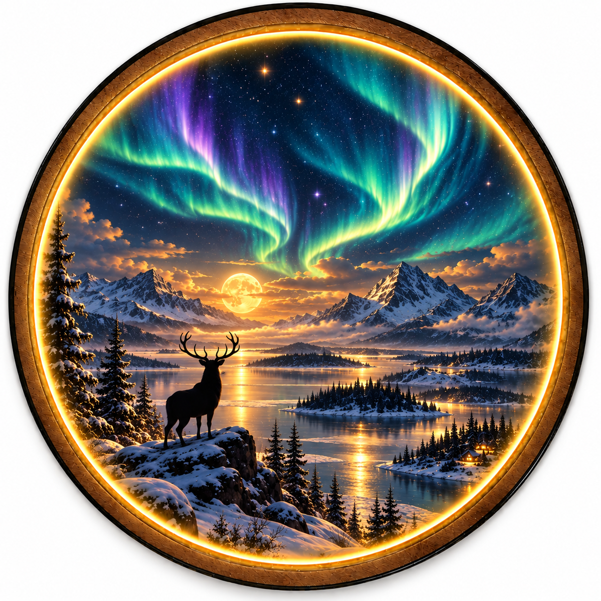 Aurora Stag Moon LED Wall Art – Northern Lights Decor