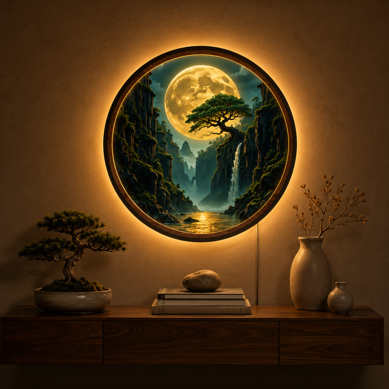 Moonlit Waterfall Canyon LED Wall Lamp | Fantasy Wood Art