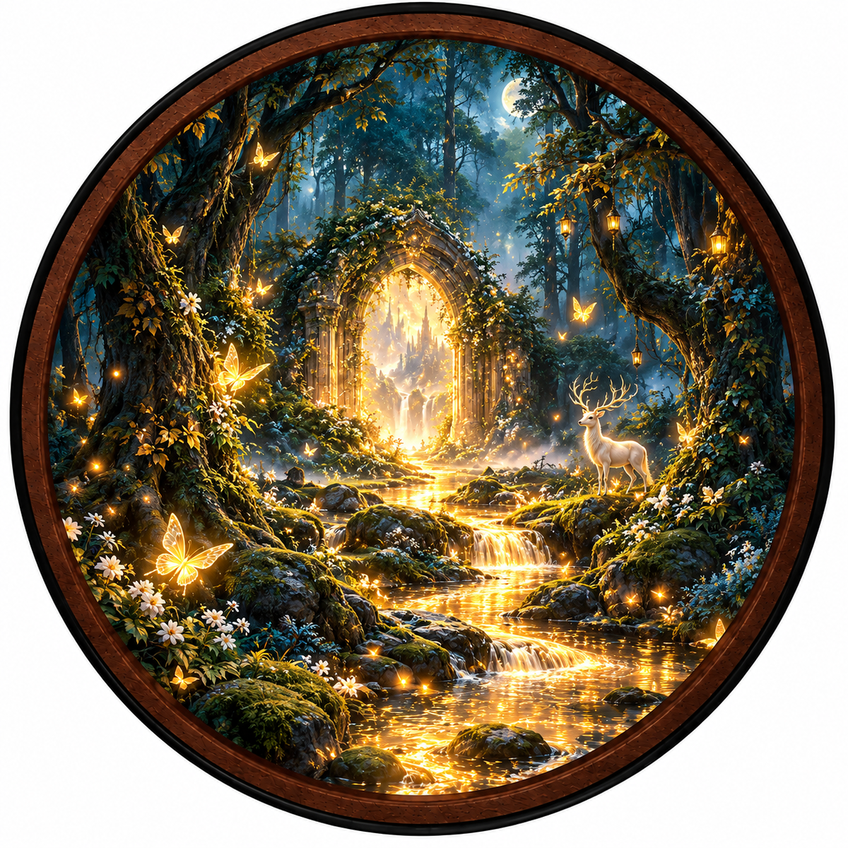 Magical Golden Gateway, White Stag & Fairy Forest – Handcrafted LED Wall Art