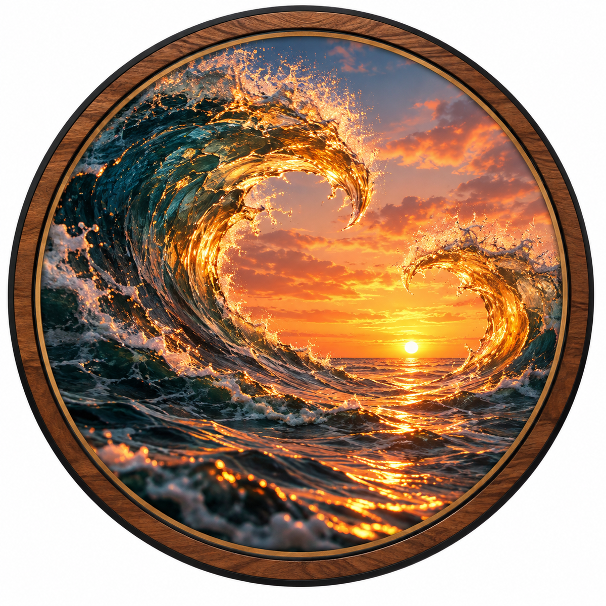 Golden Twin Waves Sunset Circular LED Wall Art