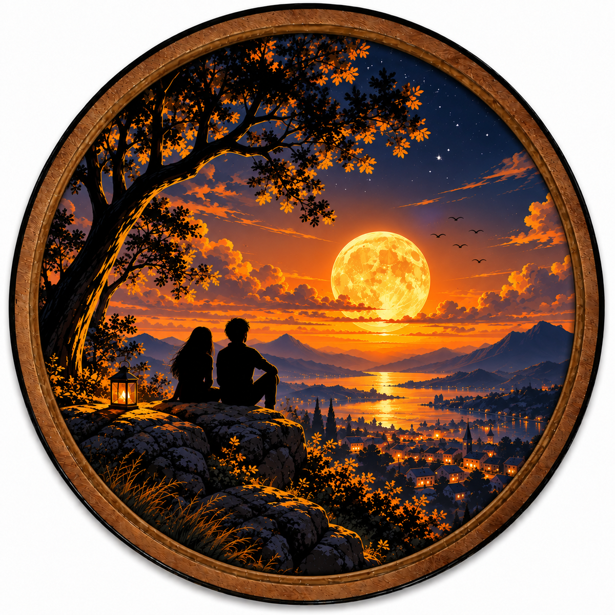 Golden Moon Lovers LED Wall Art – Romantic Sunset Landscape Decor
